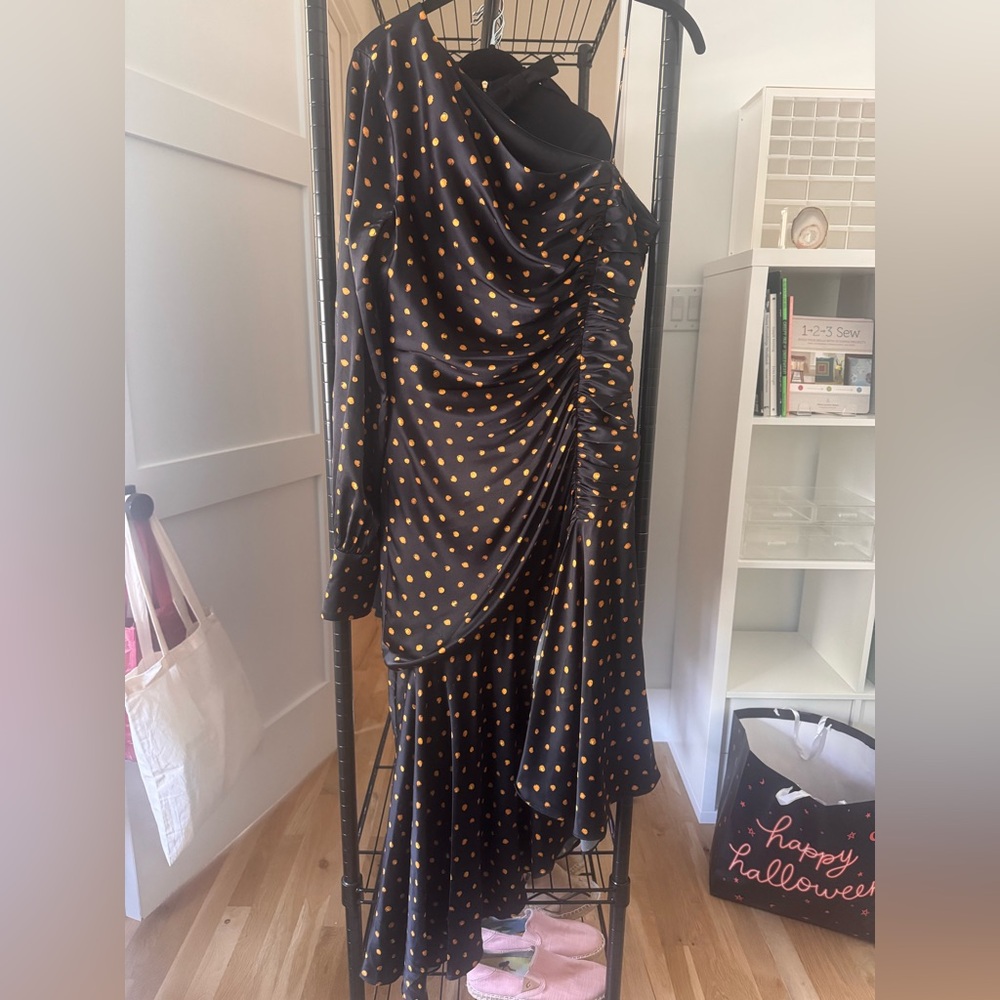Chic Asymmetrical Black Dress with Gold Dots